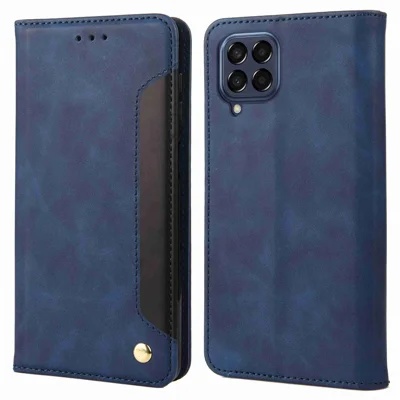 For Samsung Galaxy M53 5G Splicing PU Leather Skin-touch Feeling Case Stand Magnetic Absorption Full Protection Flip Folio Wallet Cover - Blue