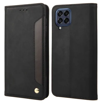 For Samsung Galaxy M53 5G Splicing PU Leather Skin-touch Feeling Case Stand Magnetic Absorption Full Protection Flip Folio Wallet Cover - Black
