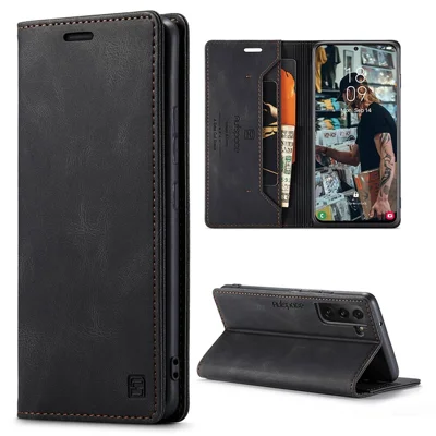 AUTSPACE A01 Series for Samsung Galaxy S22 5G PU Leather Case RFID Blocking Wallet Flip Stand Cover - Black