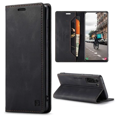 AUTSPACE A01 Series for Samsung Galaxy S21 FE 5G PU Leather Case RFID Blocking Wallet Flip Stand Cover - Black