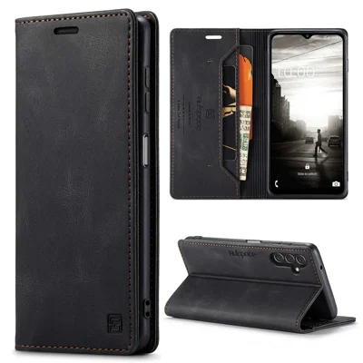 AUTSPACE A01 Series for Samsung Galaxy A13 5G / A04s 4G (164.7mm) PU Leather Case RFID Blocking Wallet Stand Flip Cover - Black