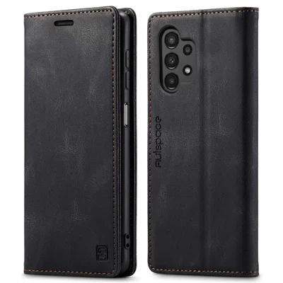 AUTSPACE A01 Series for Samsung Galaxy A13 4G PU Leather Case RFID Blocking Vintage Wallet Stand Flip Cover - Black