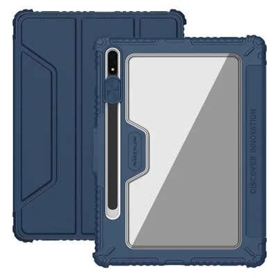 NILLKIN Bumper Leather Case Pro for Samsung Galaxy Tab S8 Wi-Fi SM-X700/5G SM-X706 Trifold Stand Textured PU Leather Tablet Cover Auto Wake/Sleep Protective Case with Camera Slider - Blue