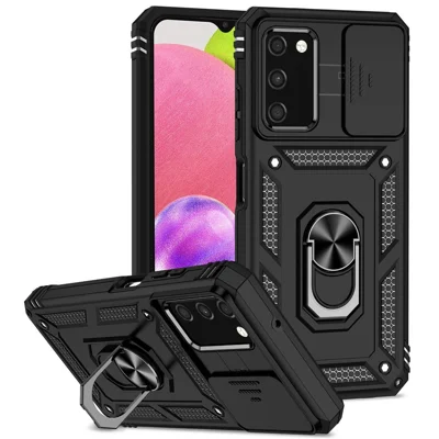 Voor Samsung Galaxy A03s (165,8 mm) (VS) Ringstandaard telefoonhoesje Hard PC + TPU Stootvast Antivalt met Schuifbare Camera-beschermhoes - Zwart
