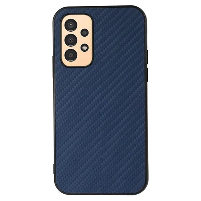 Para Samsung Galaxy A13 4G Colisión Prueba Fibra de Carbono Textura Cuero PU Revestido de PC + Funda Protectora de TPU - Azul