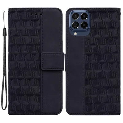 For Samsung Galaxy M53 5G Shockproof Geometry Pattern Imprinted Phone Case PU Leather Wallet Stand Flip Cover with Hand Strap - Black