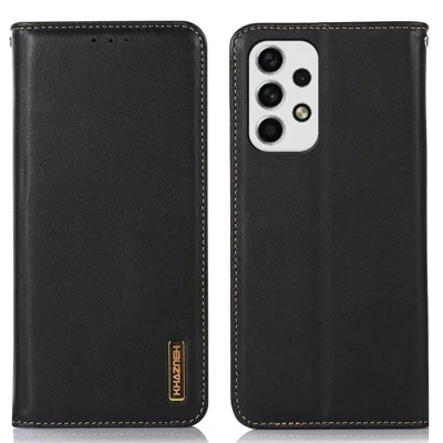 KHAZNEH Anti-Scratch Phone Case for Samsung Galaxy A53 5G Genuine Cowhide Textured Leather Case Shockproof Folio Flip Cover Magnetic Closure Stand Case with Wallet - Black
