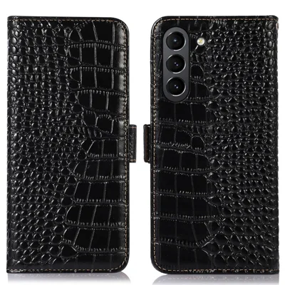 For Samsung Galaxy S21 FE 5G RFID Blocking Genuine Cowhide Leather Wallet Phone Cover, Crocodile Texture Foldable Stand Magnetic Flip Folio Case - Black