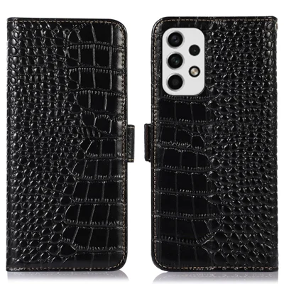 For Samsung Galaxy A53 5G Crocodile Texture RFID Blocking Genuine Cowhide Leather Wallet Phone Cover, Stand Magnetic Flip Folio Case - Black