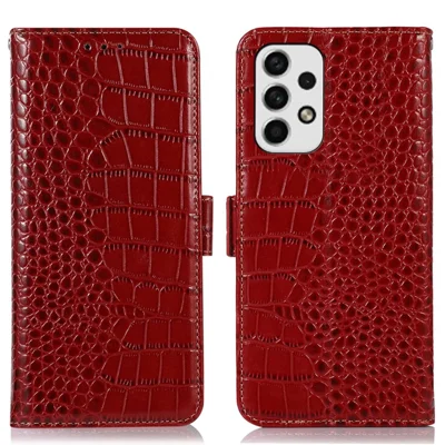 For Samsung Galaxy A33 5G Crocodile Texture RFID Blocking Genuine Cowhide Leather Wallet Phone Cover, Fall Proof Stand Magnetic Flip Folio Case - Red