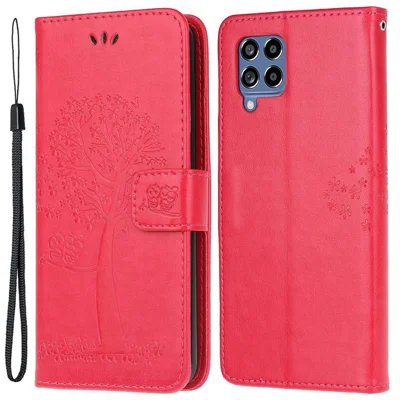 For Samsung Galaxy M33 5G (India Version) PU Leather Owl Tree Pattern Imprinted Phone Cover Wallet Viewing Stand Anti-Drop Protective Case with Wrist Strap - Red