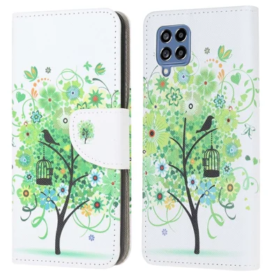 For Samsung Galaxy M53 5G Cross Texture Stylish Pattern Printing PU Leather Phone Case Stand Wallet Flip Cover - Green Tree