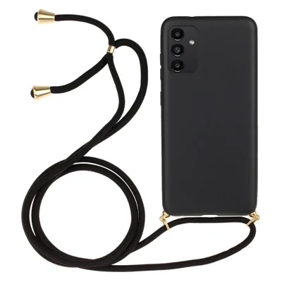 For Samsung Galaxy A13 4G / 5G Back Case Wheat Straw + TPU Shockproof Phone Cover with Adjustable Lanyard - Black