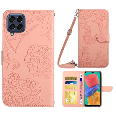 For Samsung Galaxy M33 5G (Global Version) Imprinting Butterfly Flowers Case PU Leather Wallet Stand Phone Cover with Shoulder Strap - Pink