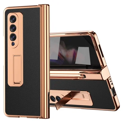 For Samsung Galaxy Z Fold3 5G Hinge Protection PU Leather + Hard PC Shell Full-Body Electroplating Kickstand Cover with Bulit-in Tempered Glass Screen Protector and S Pen - Black