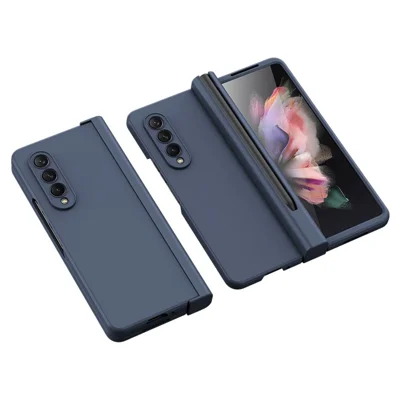 For Samsung Galaxy Z Fold3 5G Rubberized Surface Pen Slot Design Hard PC Phone Case Cover with Glass Screen Protector - Blue