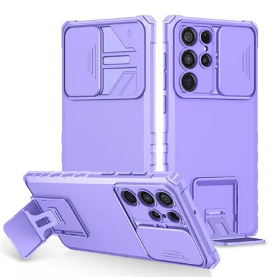 For Samsung Galaxy S22 Ultra 5G Adjustable Vertical Kickstand Phone Case Camera Slider Protection Hybrid PC + TPU Cover - Purple