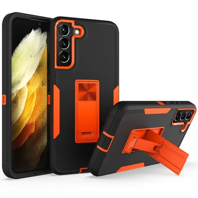 For Samsung Galaxy S22+ 5G Hard PC + Soft TPU Hybrid Phone Cover with Integrated Kickstand Car Mount Metal Sheet Case - Black/Orange