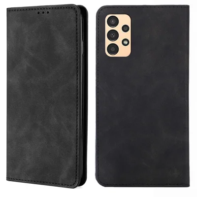 Para Samsung Galaxy A13 4G Skin-touch Feeling Leather Flip Folio Case Card Slots Holder Stand Strong Magnetic Suction Phone Cover - Preto