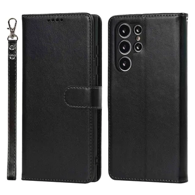 For Samsung Galaxy S22 Ultra 5G Wallet Case R61 Texture Felled Seam PU Leather Anti-Fall Stand Magnetic Phone Cover with Wrist Strap - Black