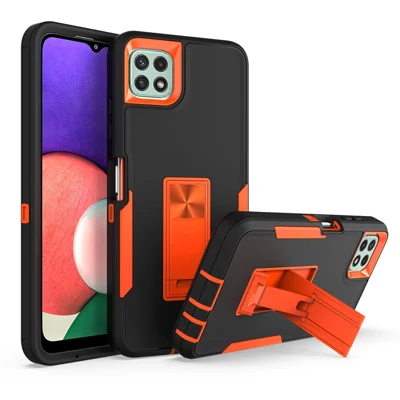 For Samsung Galaxy A22 5G (EU Version) Kickstand Phone Case Hard PC + Soft TPU Anti-drop Cover with Car Mount Metal Sheet - Black/Orange