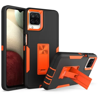 For Samsung Galaxy A12 Hard PC + Soft TPU Hybrid Cover Kickstand Phone Case with Car Mount Metal Sheet - Black/Orange