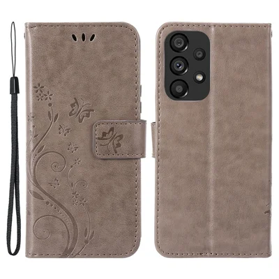 Voor Samsung Galaxy A73 5G Butterfly Flower Imprint Portemonnee Hoesje PU Leren Folio Flip Cover met Stand/Sluiting - Grijs