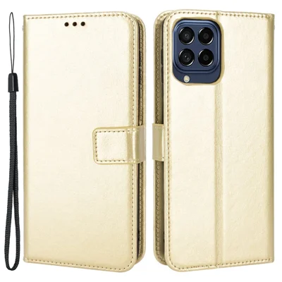 For Samsung Galaxy M33 5G (Global Version) Crazy Horse Texture Wallet Flip Cover PU Leather TPU Inner Shell Magnetic Closure Stand Function Folio Case with Strap - Gold