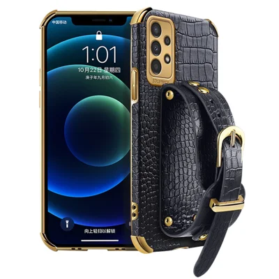 For Samsung Galaxy A13 4G Shockproof Electroplated Crocodile Texture Phone Case Anti-scratch Protective Cellphone Cover PU Leather Coated TPU Shell with Hand Strap Kickstand - Black