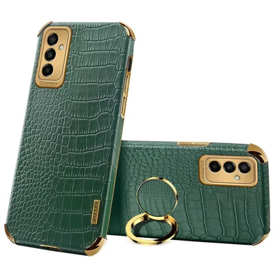 For Samsung Galaxy M23 5G/F23 5G Shockproof Phone Cover Crocodile Texture Kickstand Electroplated Finger Ring Holder PU Leather Coated TPU Anti-scratch Phone Case - Green