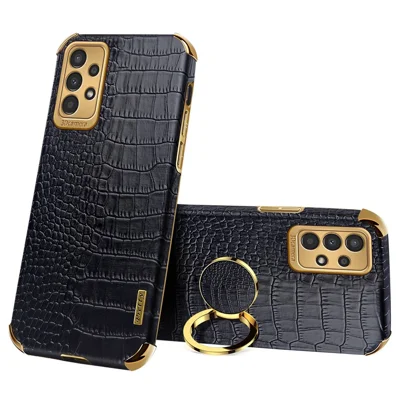 For Samsung Galaxy A13 4G Phone Case with Ring Holder Kickstand Anti-drop Precise Cutout Crocodile Texture Leather Coated TPU 6D Electroplated Scratch Resistant Shell - Black