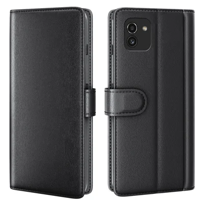 For Samsung Galaxy A03 (166.5mm) Genuine Split Leather Flip Case Stand Wallet Shockproof Full Protection Magnetic Cover - Black