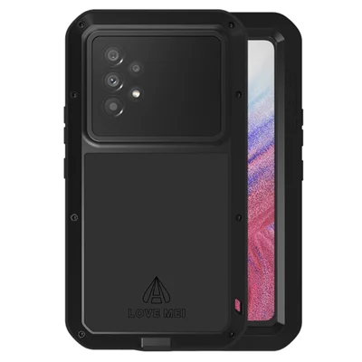 LOVE MEI Hybrid-Case aus Metall + Silikon mit gehärtetem Glas-Folie für Samsung Galaxy A53 5G, staubgeschützte Handyhülle – Schwarz