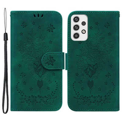 For Samsung Galaxy A23 5G (Global Version) / 4G Anti-drop Phone Cover Imprinting Roses Butterflies Pattern Leather Case Impact-resistant Wallet Stand - Green
