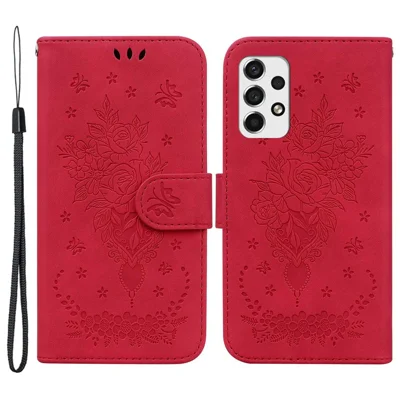 For Samsung Galaxy A53 5G Shockproof PU Leather Phone Case Stand Wallet Imprinting Roses Butterflies Pattern Folio Flip Magnetic Phone Cover - Red