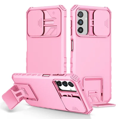 For Samsung Galaxy A13 5G Hands-Free Kickstand Phone Case Shockproof Anti-Scratch PC + TPU Shell with Sliding Camera Protection - Pink