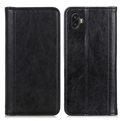 For Samsung Galaxy Xcover 6 Pro Magnetic Auto-absorbed Split Leather Stand Flip Cover TPU Shockproof Interior Litchi Texture Wallet Phone Case - Black