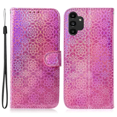 For Samsung Galaxy A13 4G PU Leather Shock Absorption Phone Cover Dazzling Flower Pattern Case with Stand Wallet - Pink