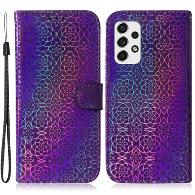 For Samsung Galaxy A33 5G Dazzling Flower Pattern Phone Cover Stand Wallet PU Leather + TPU All-round Protection Case - Purple