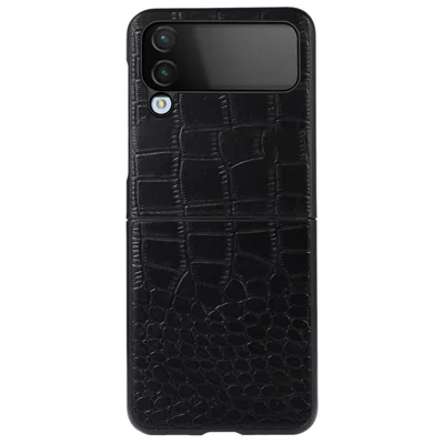 For Samsung Galaxy Z Flip4 5G Wear-resistant Crocodile Texture Anti-fall Genuine Cowhide Leather Coated PC Phone Cover - Black