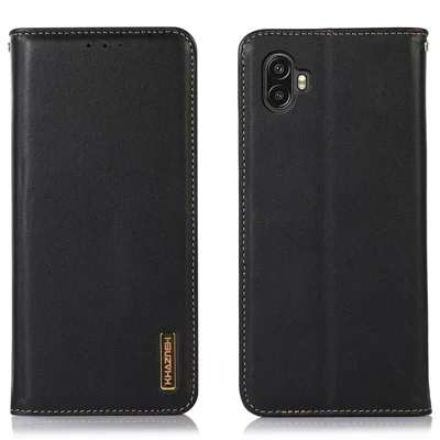 KHAZNEH For Samsung Galaxy Xcover 6 Pro Nappa Texture Genuine Cowhide Leather Wallet Phone Case Auto Closing Magnetic Stand Cover - Black