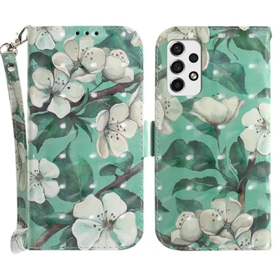 Voor Samsung Galaxy A53 5G PU Leren Portemonnee Fliphoes met Magnetische Sluiting 3D Patroon Print Staande Cover met Polsbandje - Aquarel Bloemen