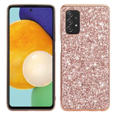 For Samsung Galaxy A13 5G Shiny Glitter Sequins Phone Case Electroplating TPU Frame Hard PC Back Hybrid Cover - Rose Gold