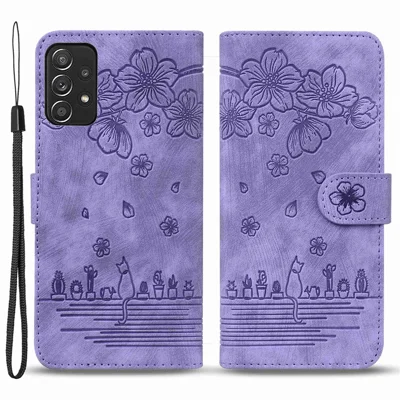 For Samsung Galaxy A53 5G Drop-proof Wallet Case Cherry Blossom Cat Imprinted PU Leather Stand Anti-scratch Flip Cover with Strap - Purple