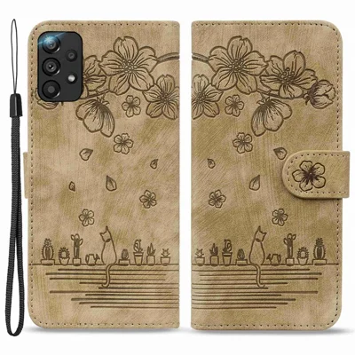 For Samsung Galaxy A33 5G Anti-fall Full Covering Phone Wallet Case Cherry Blossom Cat Imprinted PU Leather Stand Flip Cover with Strap - Brown