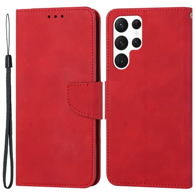 For Samsung Galaxy S22 Ultra 5G Solid Color Drop-proof Phone Case PU Leather Wallet Stand Cover - Red