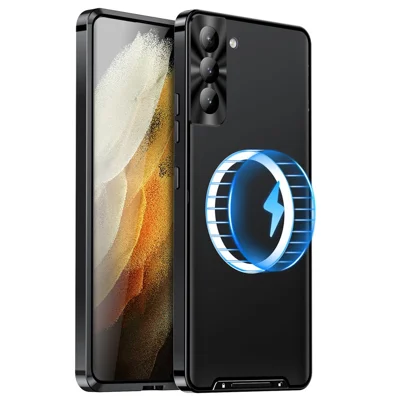 For Samsung Galaxy S21 FE 5G Magnetic Adsorption Matte Phone Cover TPU Back + Metal Edge Integrated Lens Protection Bump Proof Case - Black