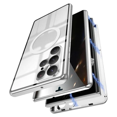 For Samsung Galaxy S22 Ultra 5G Phone Case Matte PC+Metal+ Tempered Glass Magnetic Cover - Silver