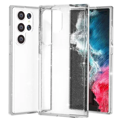 Glittery Powder Smart Phone Case for Samsung Galaxy S23 Ultra, Shockproof TPU Edge + PC Back Cover Support Wireless Charging - White