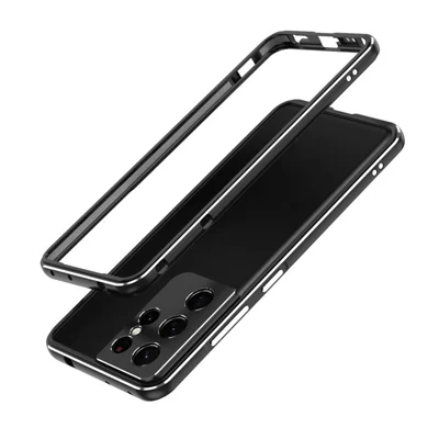 For Samsung Galaxy S23 Ultra Metal Frame Phone Bumper Case with Camera Lens Cover - Black  /  Silver